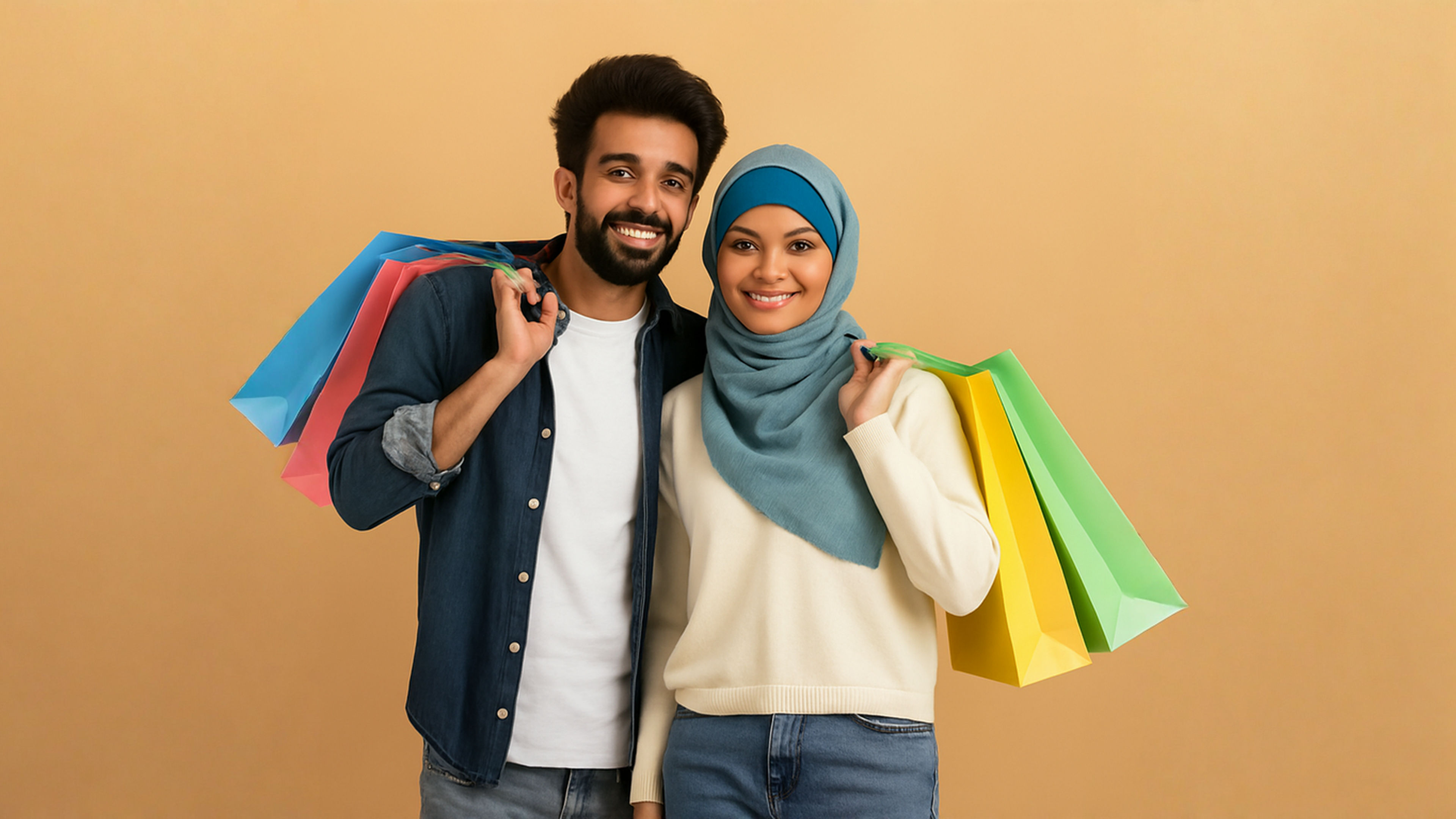 Muslim couple posing for the picture with shopping bags on hands.