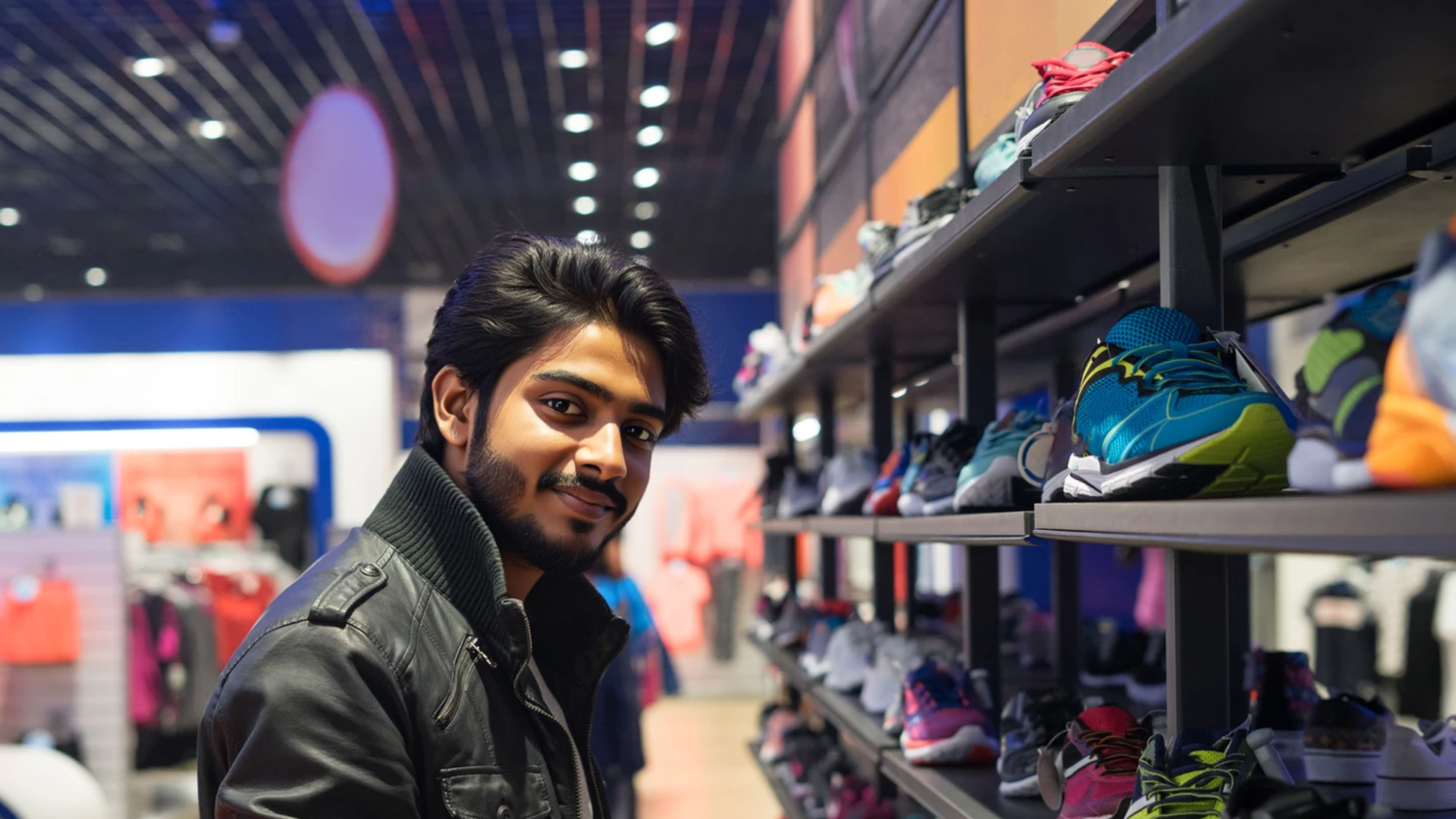 Portrait of young male customer choosing sneakers from a mall.