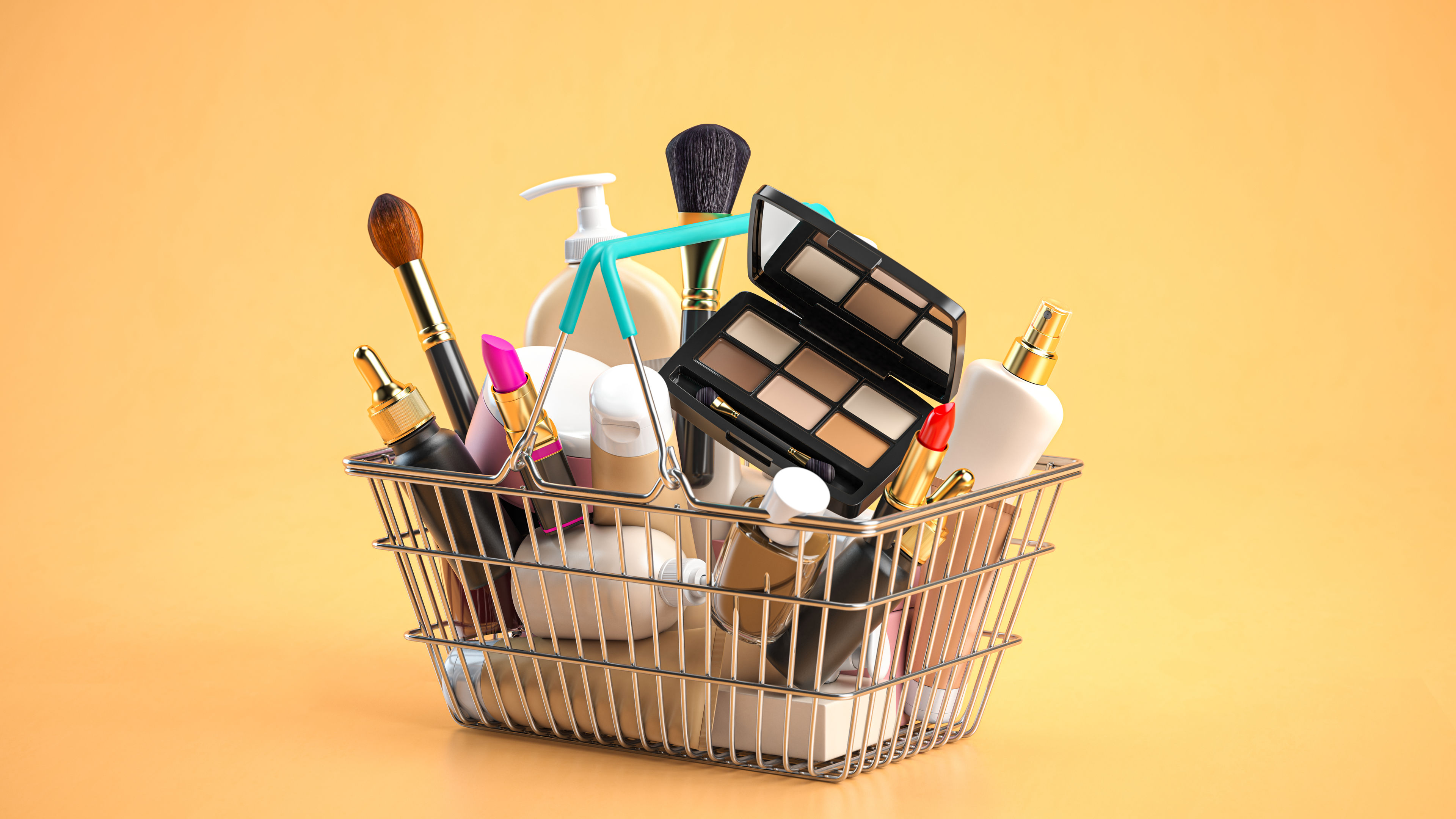 A shopping basket packed with a variety of cosmetics, beauty essentials, and makeup products for daily use 
