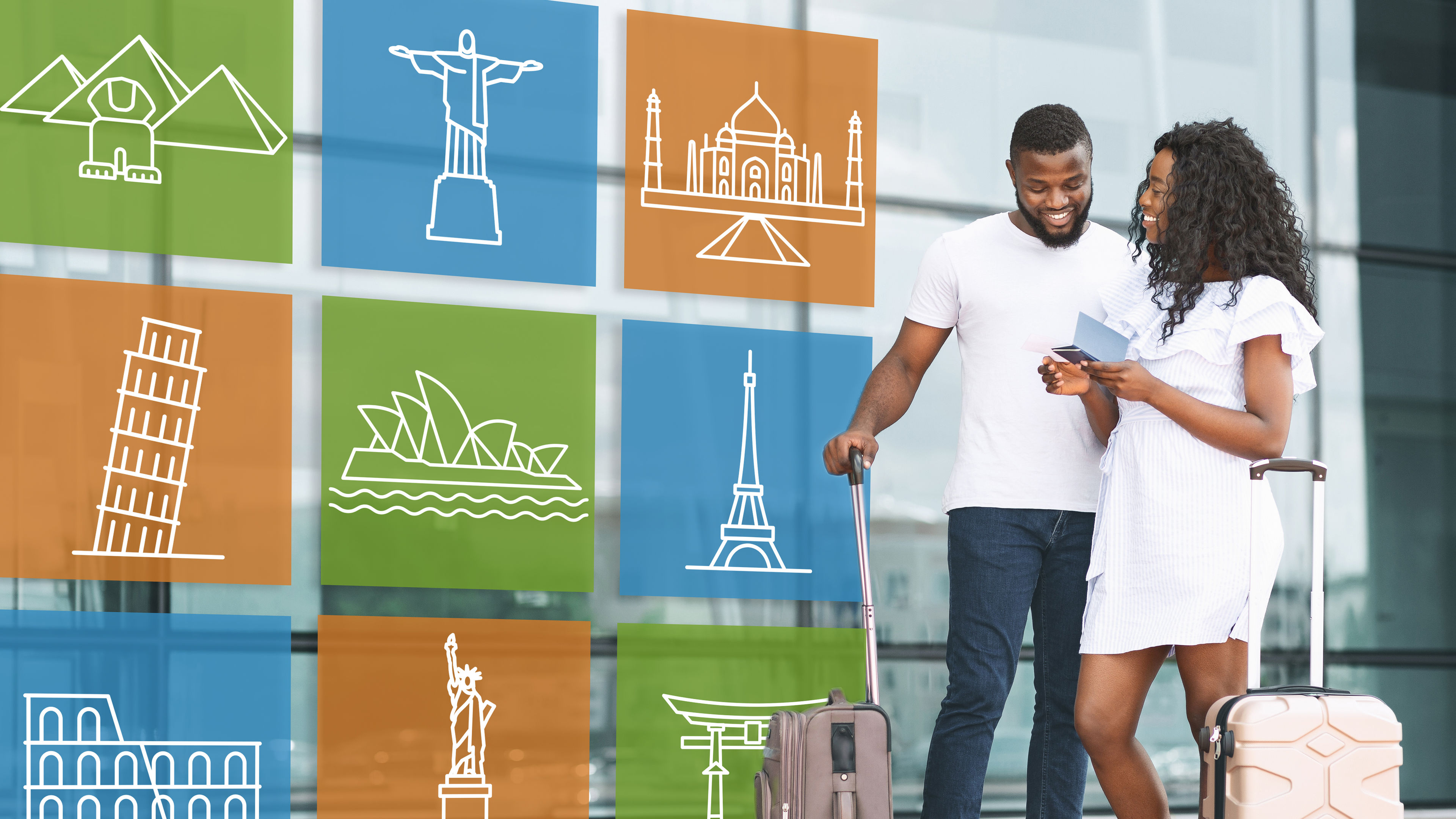 African American Couple holding suitcases with destination images in background.