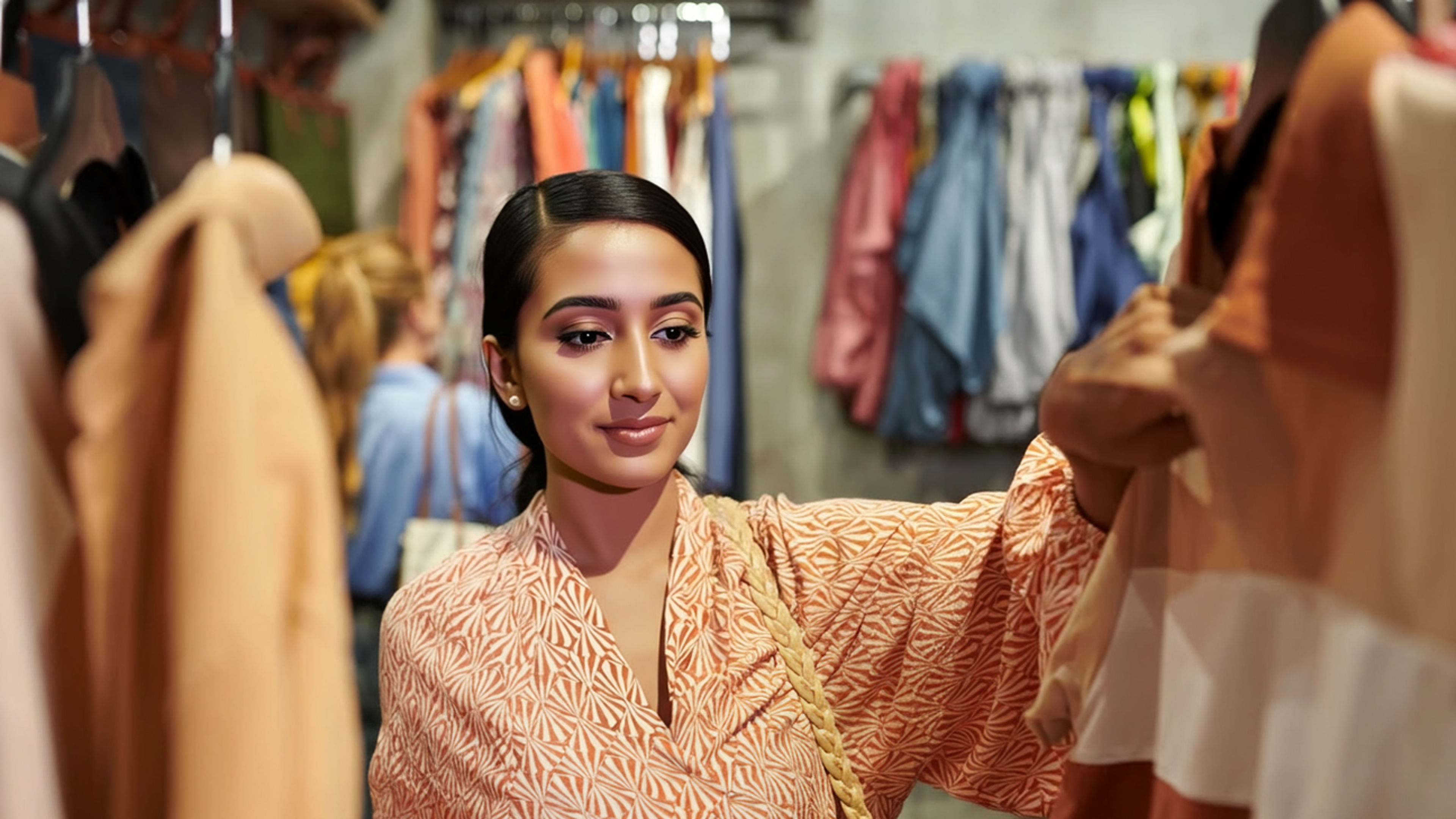Woman in a printed kurta browsing through clothes on a rack in a boutique.
