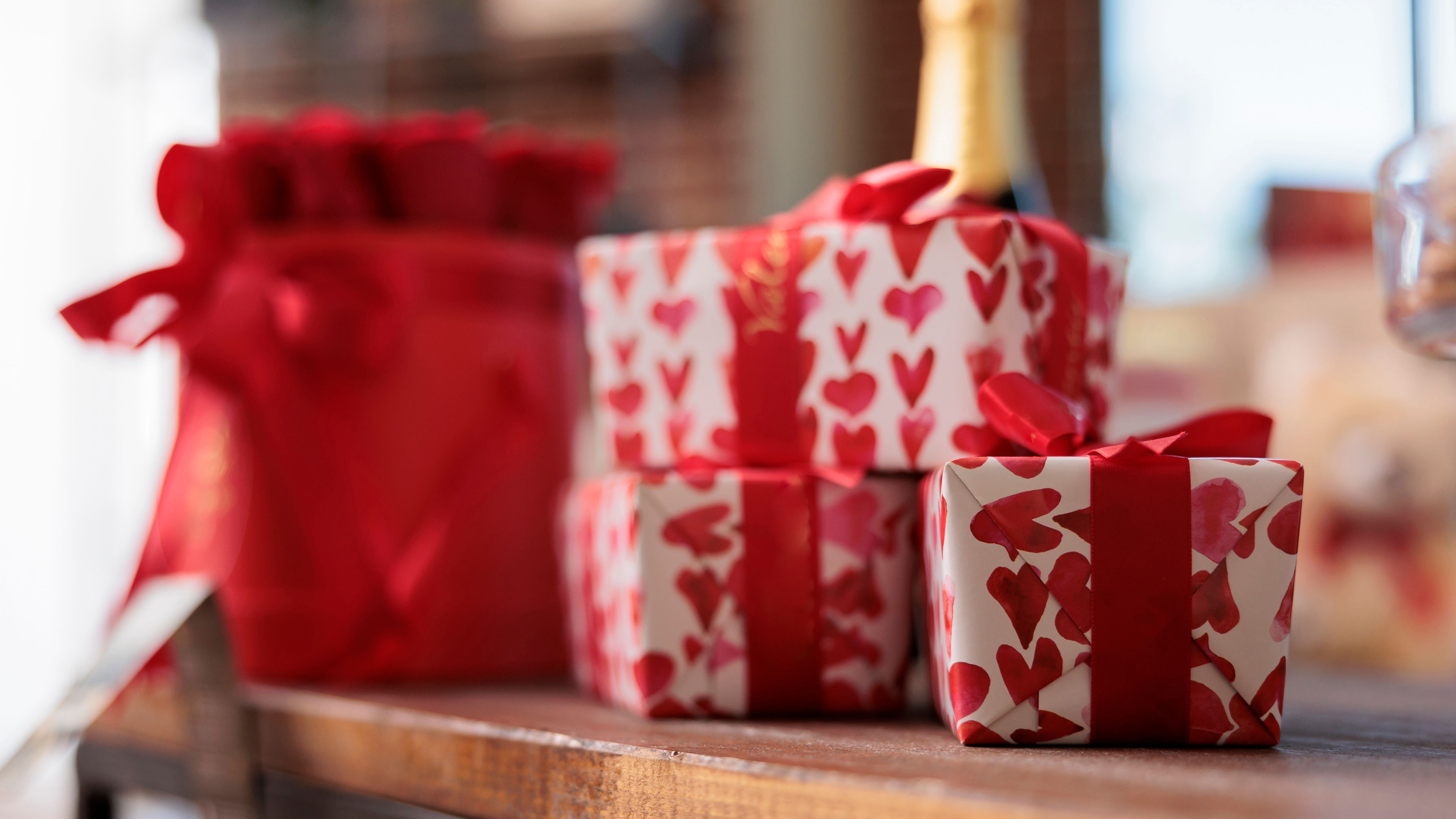 Valentines day gifts on table close up 
