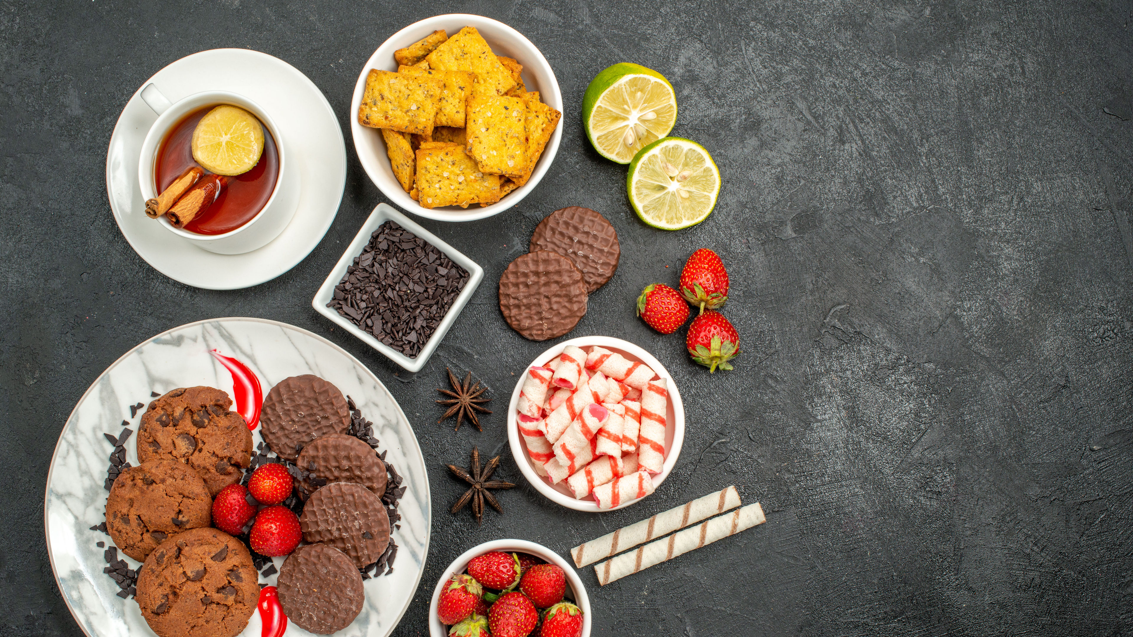  choco biscuits with candies and tea  