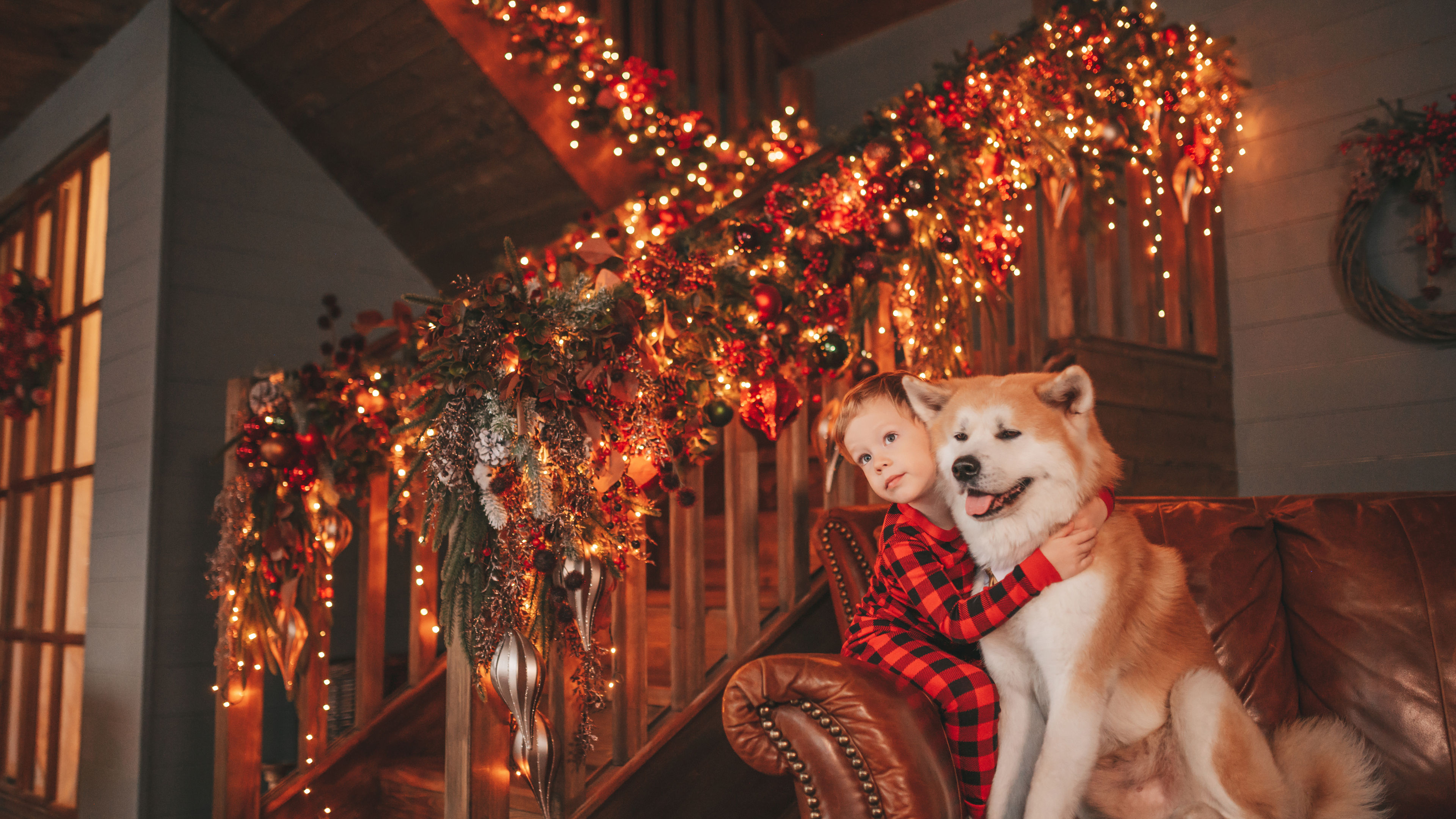 Image of a Happy boy in pajamas hugging a dog 